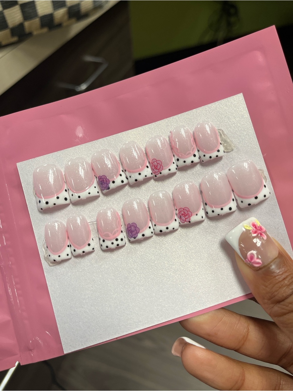 Polka Dotted French Tip Press-On Nail Set with Floral Accents